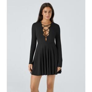 NEW HALARA Crisscross Lace Up Long Sleeve Mini Dance Active Dress Medium Black